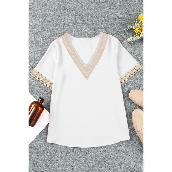 Azura Exchange  White Lace Trim V Neck Short Sleeve Blouse - Picture 7 of 15
